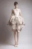 Ashi Studio Crew Neck Keyhole Back Tiers Satin Short A-Line Evening Dresses Wit Ostrich Feather Prom Celebrity Gowns krikor jabotian