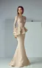 2018 Champagne sjöjungfru aftonklänningar ren nack långärmad 3d blommig spets applikation peplum ruffles plus size dubai arabiska parti 3421530