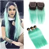 Ombre Light Green Virgin Human Hair Weave Bundles with Closure Straight Human Hair Extensions 1B/Green Ombre 4x4 Lace Closure with Weaves