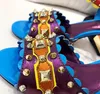 2018パープルブルーリベットシックな剣闘士サンダル女性ピープトウラインストーンDimond手作りハイヒールの靴女性結婚式の靴