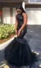Black Girls Sparkly African Mermaid Prom Dresses Halter Neck Backless Sequins Floor Length Tulle Tiered Formal Party Gowns Evening Dress