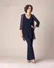 Chiffon Mother Of The Bride Suits Pants Jacket Long Sleeves Three Pieces Plus Size Layered Ruffles Floor Length Mothers Suits in Navy BA9406