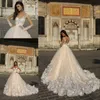2020 Splendidi abiti da sposa champagne firmati con fiori bianchi 3D Illusion Sheer maniche lunghe corte dei treni abiti da sposa arabi