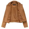 Nya Mode Kvinnor Suede Motorcykeljacka Slim Brown Full Lined Soft Faux Läder Kvinna Coat Veste Femme Cuir Epaulet Zipper