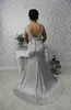Zilveren zeemeermin lange bruidsmeisje jurken met kant peplum sash meid van eer jurk backless sexy prom formele jassen
