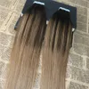 Ombre Renk # 2 Koyu Kahverengi # 6 # 6 Balayage Cilt Atkı İnsan Saç Uzantıları Bant Ekstansiyonda Slik Düz 40 ADET Bant Saç