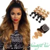Ombre Brasiliansk Virgin Body Wave / Straight Hair Blonde Lace Closure With Bundles 1b / 27 Ombre Human Hair Bundle Lace Closure