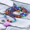 Reiki naturel 7 Chakra multicouche bracelets à breloques pour femme violet Quartz Mala Yoga perles méditation guérison gland