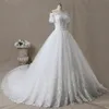 Романтическое мантия кружева свадебное платье для свадебного платья свадьба с плеча с короткими рукавами на шнуровке назад аппликация с блестками бисер с ними