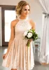 Short Lace Peach Country Bridesmaids Dresses Pearls Halter Neck Wedding Guest Dresses Knee Length Maid Of Honor Gowns HH263