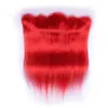 Virgin Brasilianska rent röda mänskliga hårväv med frontal stängning silkeslen rak färgad röd full spets frontal 13x4 med 3 buntar 4891499