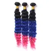 Brasilianska Tre Ton Ombre Mänskliga Hår Vävar Extensions Deep Wave # 1b Blue Pink Ombre Virgin Human Hair Buntlar Deal 3pcs Double Wefts