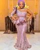 2021 Aso Ebi African Mermaid Evening Dresses Wear Heer Neck 3/4 Långärmade Applikationer Lace Beaded Peplum Ruffles Prom Party Gowns Lång Golvlängd Dammig Rosa