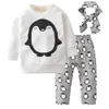 Nowy 2017 Dziewczynka Ubrania Pingwin Drukowane Z Długim Rękawem T-Shirt + Spodnie + Pałąk 3 Sztuk Dziewczynek Odzież Ustaw Noworodka Ubrania