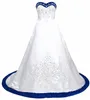 Royal Blue And White Wedding Dress Embroidery Princess Satin A line Lace up Back Court Train Sequins Beaded Long Cheap Wedding Gowns