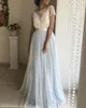 Gemengde kleur Dusty Blue White Prom Dresses Bateau Hals Korte Mouwen Kant Tulle Backless Avondjurken Vloer Lengte Formele Jurken