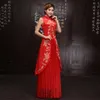 新しい中国人女性の伝統的な服は長いローブモダンチャイナ山のエレガントなQipao国立スタンドスタンドカラー結婚式のパーティードレスを改善しました