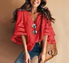 Nya Kvinnor Sommar Loose V Neck Tops Ladies Mesh Stitching 3/4 Ärm Casual Holiday Blouse Shirt Kvinna Blusas Tunika T Shirts Tops