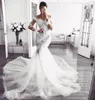 D Floral Elegant Mermaid Wedding Dresses Sheer Neck Appliciques spets tyll plus storlek långa ärmar billiga brudklänningar illusion tillbaka