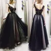 Abito da sera nero formale piuttosto lungo in tulle nero e applicazioni Abito da ballo a trapezio Abito da sera lungo in tulle elegante