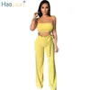 HAOYUAN Zwei Trainingsanzüge Teiliges Sommer-Outfits Sexy Off Sholder Trägerloses Crop-Top + Hosenanzug mit weitem Bein 2 Damen-Kleidung Passend