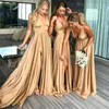 New Gold Bridesmaid Dresses Cheap Deep V Neck Side Split Sweep Train Maid Of Honor Dress