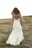 Elegant Beach Wedding Dresses Side Split Floor Length Backless Spaghetti Appliqued Lace Bridal Gowns Sleeveless Modest Country Wedding Dress