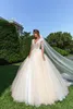 Sheer 2022 Designer Jewel Neck Lace Ball Gown Dresses with Long Sleeves Champagne Plus Size Wedding Dress Bridal Gowns Bc1521 s