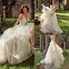 Eva av Milady 2019 En linje bröllopsklänningar Spaghetti V Neck Backless Lace Appliqued Ruffles Bridal Gowns Plus Size Sexy Vestidos