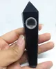 Drop 1pcs 4inches natural obsidian gem stone quartz tobacco tube black crystal wand pipe healing with Metal mesh5201031