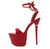 16cm röd svart fotled strappy ultra plattform höga klackar kvinnor summerar sandaler bröllopskor storlek 34 till 40