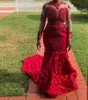 Robes de bal sirène sud-africaines 2018 appliques de dentelle rouge pure manches longues robes de soirée, plus la taille ruché balayage train robe de soirée formelle