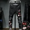 Fashion Male Casual Boutique Embroidery Stovepipe Pencil Jeans / Men's Tight-fitting Embroidered Flower Denim Pants Trousers