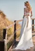 Une ligne dentelle robes de mariée de plage Applique en mousseline de soie col en V balayage train à manches longues pays robes de mariée ceinture Boho robe de mariée, plus la taille