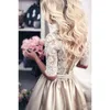2018 Cheap Champagne Wedding Dresses Sheer Neck Half Sleeves Appliques Lace Satin A Line Wedding Gowns See Through Back Button Bridal Dress