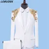 (Ceket + pantolon) Resmi erkek takım elbise beyaz flaş Sequins Blazers set Takımları Koro kostüm Ev sahibi sahne performansı kıyafet şarkıcı Parti gösterisi