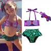 تعيين طفل الفتيات بيكيني 3 قطعة ملابس السباحة حورية البحر المايوه مع عقال ليتل الأميرة مجموعة بحر