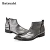 Japanese Style Handmade Men Boots Metal Pointed Toe Grey Leather Men Boots Ankle Party Wedding Botas Hombre zapatos de hombre