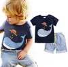 2018 Summer Boy Ins Whale Hat Stripe Suit New Children Cartoon Dinosaur Ins Krótki Rękaw T-Shirt + Spodenki 2 Sztuk Suit Baby Odzież