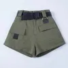 Chic Streetwear Feminino Shorts Cintura Alta com Cinto. Safari Estilo Feminino Calças Multi-bolsos Frete Grátis Q3FU