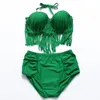 Hot L-4XL Plus Storlek Kvinnor Fett Baddräkt Sexig Stor Tassels Två Piece Swimwear Strappy Halter Bating Suit High Waisted Kvinna Tanikini Bikini