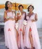 Charming Scoop Neckline Long Bridesmaid Dresses Appliques Chiffon Floor Length Style Beach Wedding Prom Dress Side Split Bridal Party Gowns