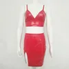 Black Red Apricot Women Two Piece Sets PU Leather Bodycon Dresses Sexy Spaghetti Strap Bandage Dress Summer Club Party Dress