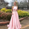 Modern Pink Halter Prom Dresses Beaded Neck Satin Floor Length Backless Graduation Homecoming Dresses Formal Evening Dresses HY4092