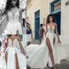 2018 Julie Vino Beach Split Trouwjurken Illusion Neck Lace Applique Boho Trouwjurk Goedkope Chiffon Bruidsjurken