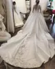 Satin A Line Wedding Dresses Sheer Long Sleeves Lace Appliques Bridal Gowns A Line Chapel Train Buttons Back Wedding Vestidos Custom Made