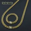 Stainless Steel Jewelry Sets 18K Gold Plated Casting Dragon Clasp W Diamond Cuban Link Necklace & Bracelet 2pcs Men Curb Chains 102656