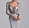 Custom Made Mother's Dresses Mermaid V-neck Long Sleeves Silver Lace Beaded Mother Dresses Evening Dress For Wedding