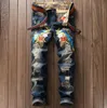 Embroidery Floral Tiger Bird Print Design Mens Ripped Jeans Slim Denim Pencil Pants Hommes Blue Straight Biker Jean Long Trousers212U