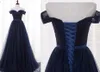 Elegant Navy Blue Cheap Prom Evening Dresses Long Off The Shoulder With Sleeves Tulle Ruched Bows Formell Pagant Party Klä Ny